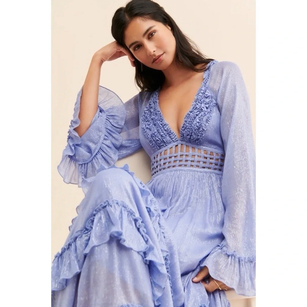 NEW Free People Seraphina Tiered Maxi Dress Electric Blue Medium/M $350 Stunning